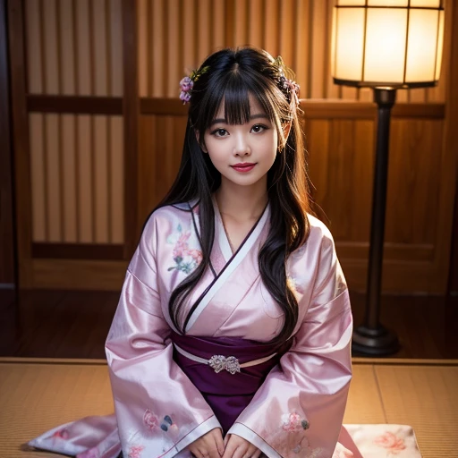 best quality, Delicate face,beautiful visual work, lifelike, eternity, black hair, Long curly hair, blunt bangs, Smile, Detailed Background, Delicate face,blush,cold,((masterpiece))、(top quality)、8k、high detail、Super detailed,41-year-old female,Wearing a yukata, Kneeling on the tatami, masterpiece、born、Scenes resembling fairy tale illustrations、intricate details和複雜的設計、Beautifully、magic、capricious、 Beautifully、Dream aesthetics、「𝓡𝓸𝓶𝓪𝓷𝓽𝓲𝓬、ethereal、charming、fickle、magic」、realism、Visual effects、FXAA、SSAO、Shader、voiceless、ambient lighting、Tone mapping、High resolution、Ultra high quality、Million pixels、(8K resolution:1.10)、8k、8k以下、8K resolution、high detail、intricate details, (high quality:1.2、masterpiece:1.2、:1.21)、(41-year-old female:1.21)、(興奮地Smile)、(Surrounded by a dreamy atmosphere、Model diagram,full-body shot,Normal 2 feet,Put your hands behind you,The protrusion of the breast is visible when wearing clothes, Large Breasts, H cup chest, Don't show your fingers, full-body shot, full-body shot,full-body shot,full-body shot,full-body shot,full-body shot,full-body shot,full-body shot,hands hidden in clothes, hands hidden in clothes,hands hidden in clothes,hands hidden in clothes,hands hidden in clothes,hands hidden in clothes,hands hidden in clothes,hands hidden in clothes,hands hidden in clothes, ,hands hidden in sleeves ,hands hidden in sleeves ,hands hidden in sleeves ,hands hidden in sleeves ,hands hidden in sleeves ,hands hidden in sleeves ,hands hidden in sleeves ,hands hidden in sleeves, arms behind back, arms behind back,indoor, Japanese style decoration, Japanese style architecture, Japanese-style room, 在Japanese-style room內, Pink and white yukata with flower pattern, Pink and white floral pattern yukata, Yukata with cherry blossom pattern on it, White yukata with pink cherry blossom pattern