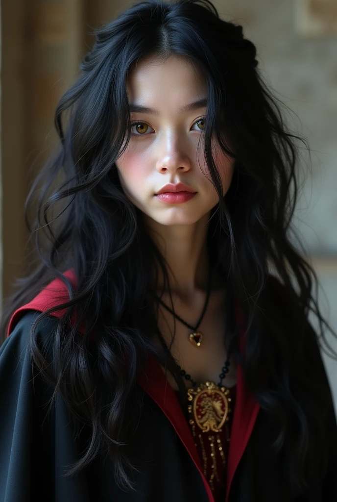 a girl about 18 years old, a beautiful girl with a cold beauty with long, loose black hair bouncy hair, a few strands of hair in the front of her face in a fluttering style, she has beautiful, captivating yellow eyes, she wear a and black cloak with red hem of gryffindor uniform ,at Hogwarts, she looks quite thin she has white skin,
