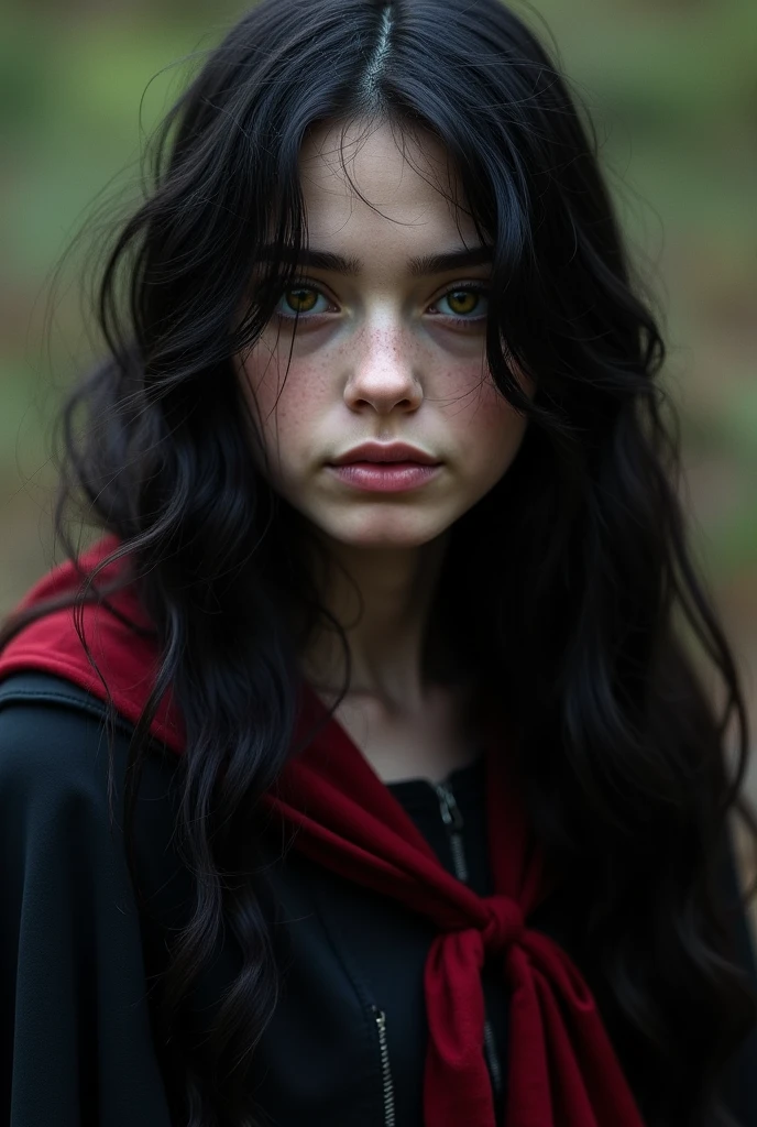 a girl about 18 years old, a beautiful girl with a cold beauty with long, loose black hair bouncy hair, a few strands of hair in the front of her face in a fluttering style, she has beautiful, captivating yellow eyes, she wear a and black cloak with red hem of gryffindor uniform ,at Hogwarts, she looks quite thin she has white skin,