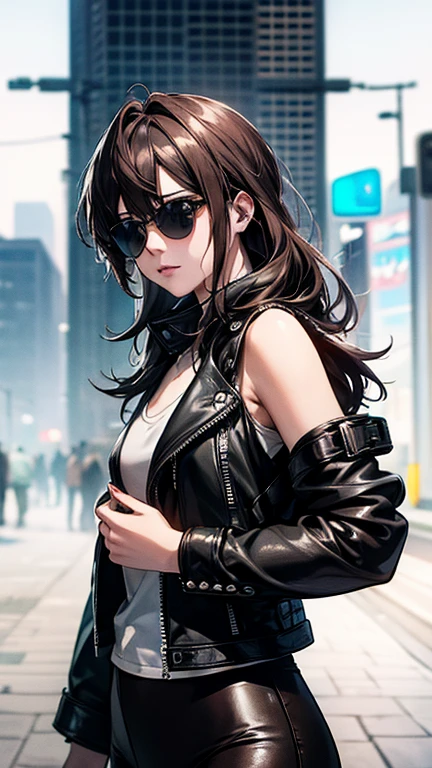 best quality, high quality, ultra quality, 8k, masterpiece, detailed, extremely detailed, insanely detailed, ultra detailed, ultra highres ,exquisite,
lifelike Images,cinematic experience,UHD picture,Realistic,photorealistic,hyperrealistic,vivid,RAW photo,shot by DSLR, One girl, (black leather jacket:1.3), white tank top, black leather pants, cyberpunk city,sunglasses
