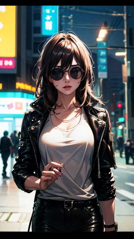 best quality, high quality, ultra quality, 8k, masterpiece, detailed, extremely detailed, insanely detailed, ultra detailed, ultra highres ,exquisite,
lifelike Images,cinematic experience,UHD picture,Realistic,photorealistic,hyperrealistic,vivid,RAW photo,shot by DSLR, One girl, (black leather jacket:1.3), white tank top, black leather pants, cyberpunk city,sunglasses