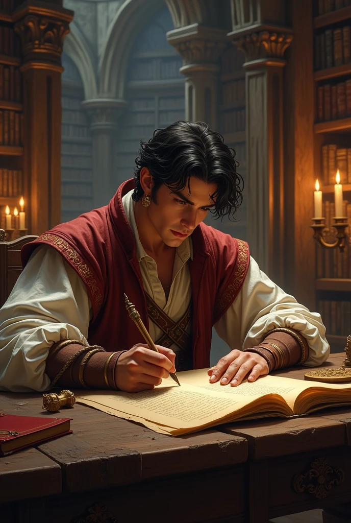  black haired man from ancient medieval times in a library writing