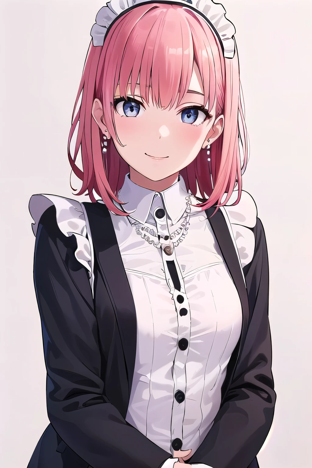 (8K, top-quality, masterpiece:1.2), (Super Detail), (One girl,), (Highly detailed), (beautifully detailed eyes), (the highest of quality), (super detailed ), (masterpiece), (Detailed face), ((pink hair)), medium breasts, BREAK, (maid uniform:1.4), (silk long coat:1.2), (cotton camisole:1.2), (satin blouse:1.2), (cotton cardigan:1.2), (flare skirt:1.2), (pleated skirt:1.2), (A-line silhouette:1.2), (frills:1.2), (ribbons:1.2), (lace:1.2), (pearl buttons:1.2), (black tights:1.2), (black mary janes:1.2), (white mary janes:1.2), (pumps:1.2), (ribbon accessories:1.2), (pearl necklace:1.2), (earrings:1.2), BRAKE (upper body to thighs:1.2), (long pink hair:1.2), (loose curls:1.2), (hair swept to the side:1.2), (smiling:1.2), (flushed cheeks:1.2), (facing forward:1.2), (head tilted:1.2), (hands clasped behind back:1.2), (perched on heels:1.2), (white background:1.2), (soft lighting:1.2), (highlights on face and hair:1.2)