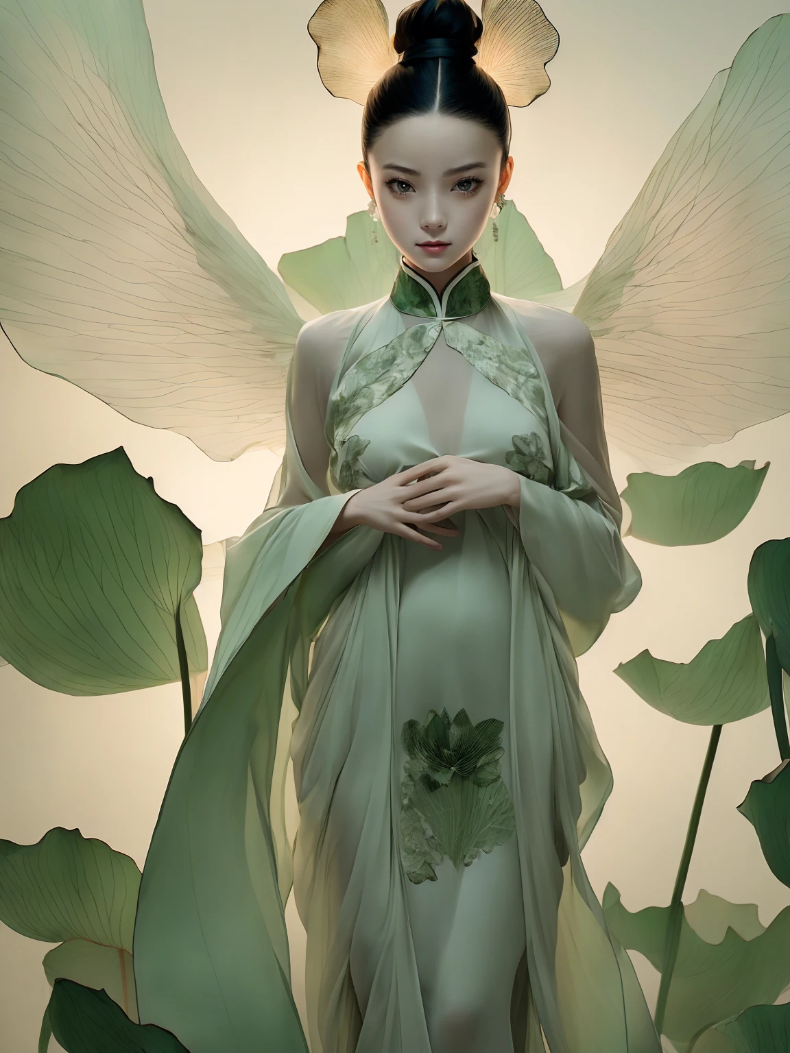 ((best quality)), ((Masterpiece)), ((realistic)), 1 girl, alone:2,lotus_leaf_angel,close up,beautiful,dynamic movement, Anatomically correct, traditional chinese clothing, Extreme details,full body shot