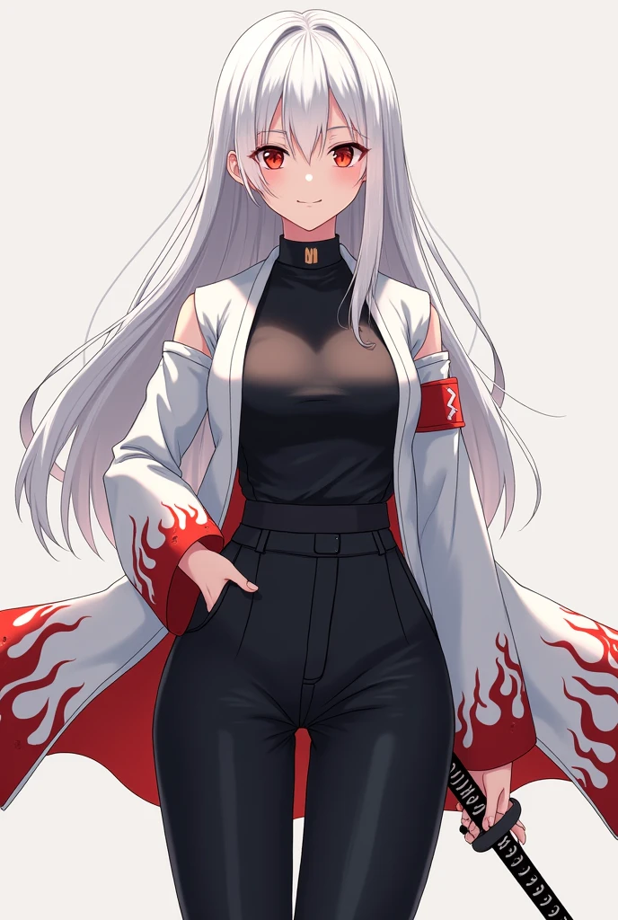 white long hair, red eyes, anime girl, black hakama pants, black shirt uniform, white modern belt, white long sleeve haori with fire patterns, katana on the hips, medium size chest.