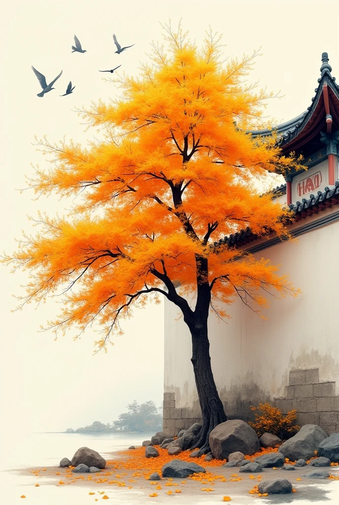 A golden maple tree stands next to the white wall of an ancient building, with birds flying in the sky and an orange color scheme in the style of Chinese ink painting.