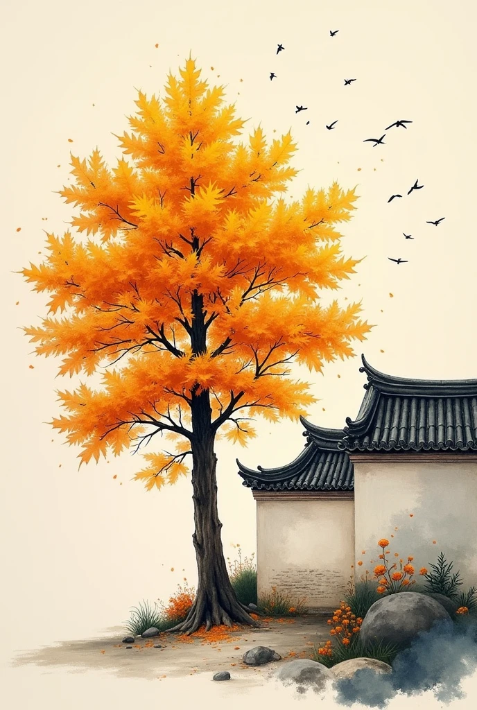 A golden maple tree stands next to the white wall of an ancient building, with birds flying in the sky and an orange color scheme in the style of Chinese ink painting.