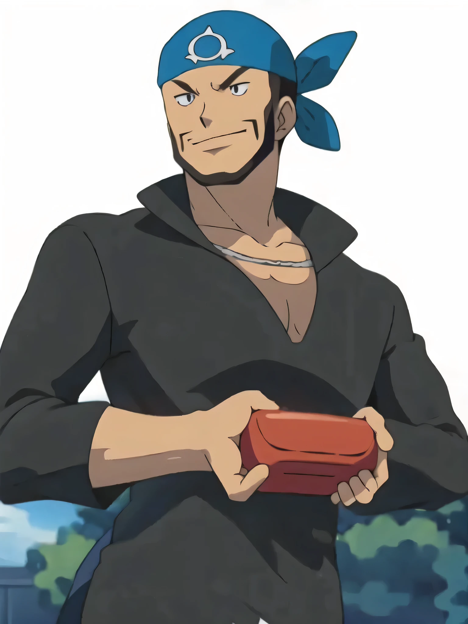 (masterpiece, best quality:1.2,ultra detailed,8k),1boy,solo,Archie \(pokemon\),blue bandana,brown hair,black eyes,necklace,black shirt,beard,looking at viewer,smile,team aqua