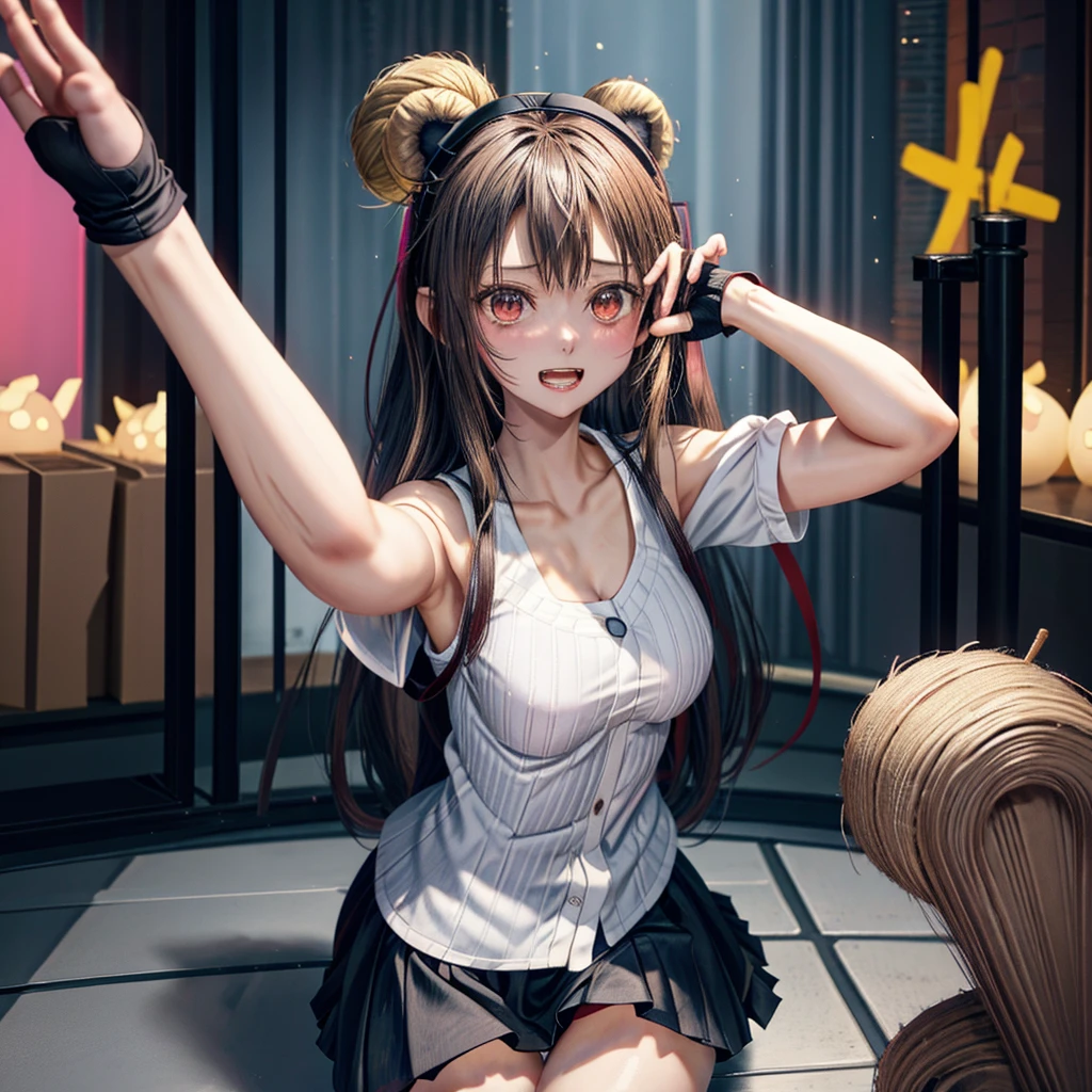 Girl on stage in idol costume。Full body like、Looking Up、Brown hair、Side bun hair、Lift the bottom of the plaid skirt、POV、squatting down、M-shaped legs、I'm not wearing panties、dark backgrounds、Colorful spotlights、a masterpiece of、High contrast、beste-Qualit、Top image quality
