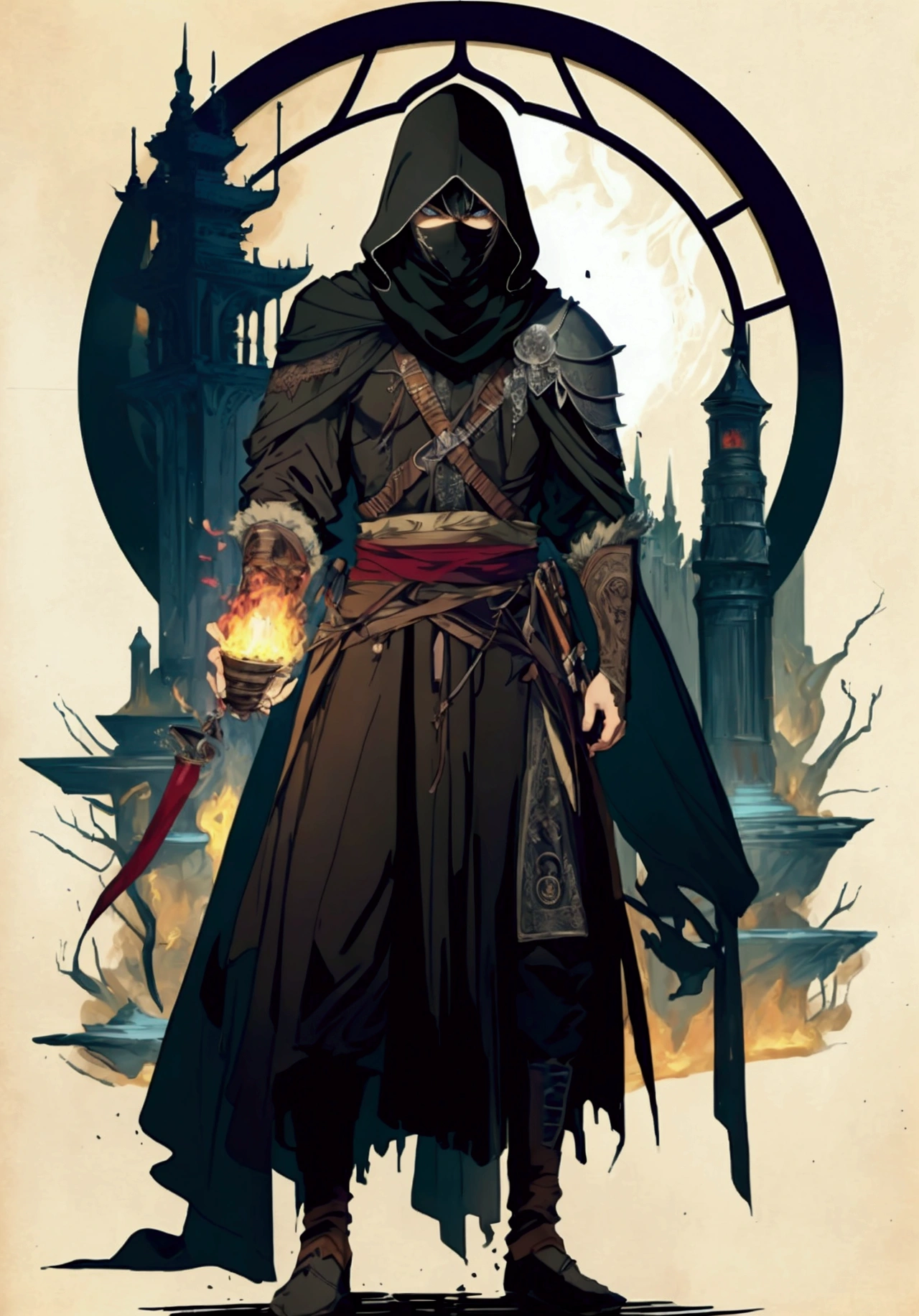 (Masterpiece), ((Highest Quality)),(Official Art),dark epic:1.2),(1 solo anime man: 1.3). A Middle-Eastern assassin man with spiky black hair, green eyes, tan skin, and mouth covered by scarf. He wears an assassin robe, standing inside a dark temple surrounded by fire background. Detailed picture. Detailed eyes. Masculine jaw. Soft fairytale picture Arthur Rackham-style. Colorful, best detailed ((super detailed)), (highly detailed 2D anime man illustration), ((dark and beautiful))