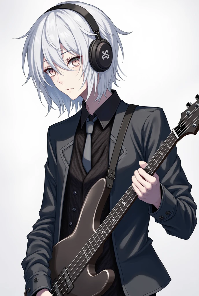 White hair, androgynous features, wearing a mix of modern and slightly gothic clothing. Often seen with large headphones and carrying a guitar.