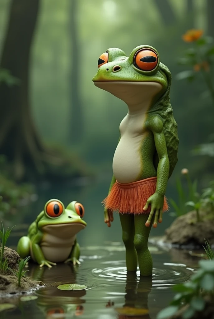 A beautiful and thin frog, with makeup and short skirt, being watched by a fat, shy frog, in a swamp