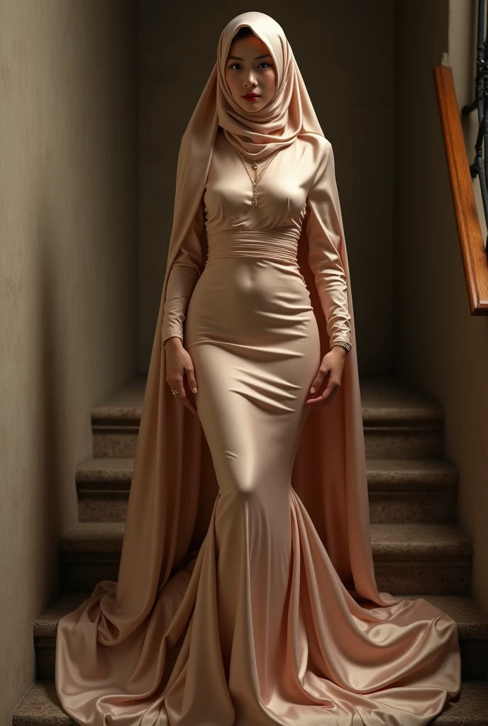 Asian woman wrapped in a shine satin cloth mimicking a mermaid gown with a striking large train, the cloth clings tightly to her figure, incorporates a hijab, standing with poise, see through whole body,half naked, nipple on, dramatic lighting, sexy pose in down stair, volumetric textures, ultra realistic, golden ratio.