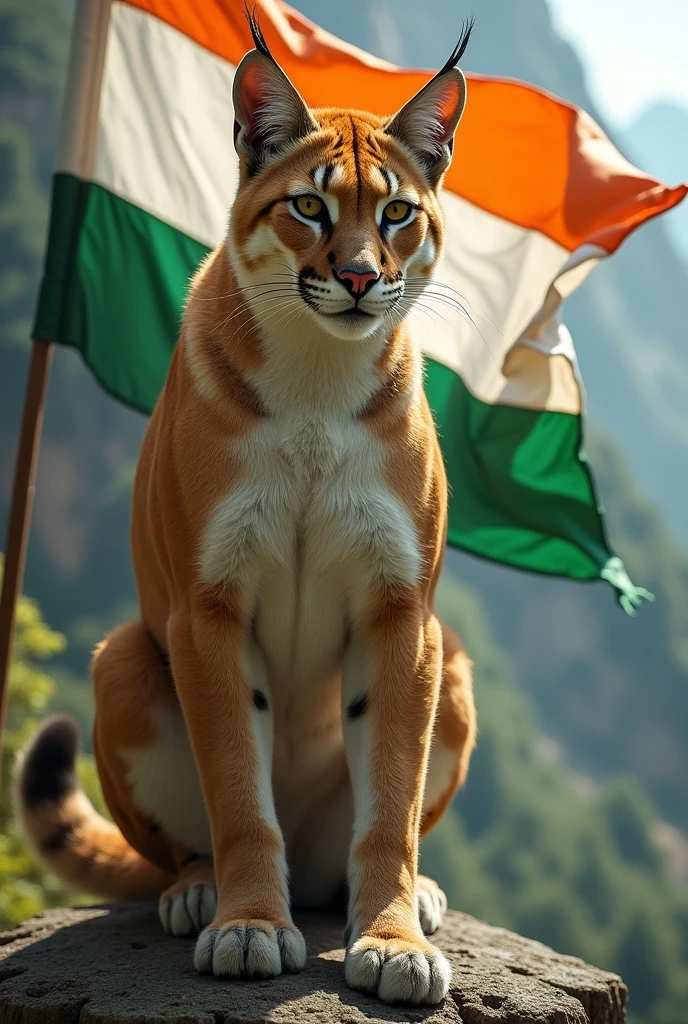 Generate me an image of a humanized puma, that holds a flag that has the white color first, then green and finally orange
