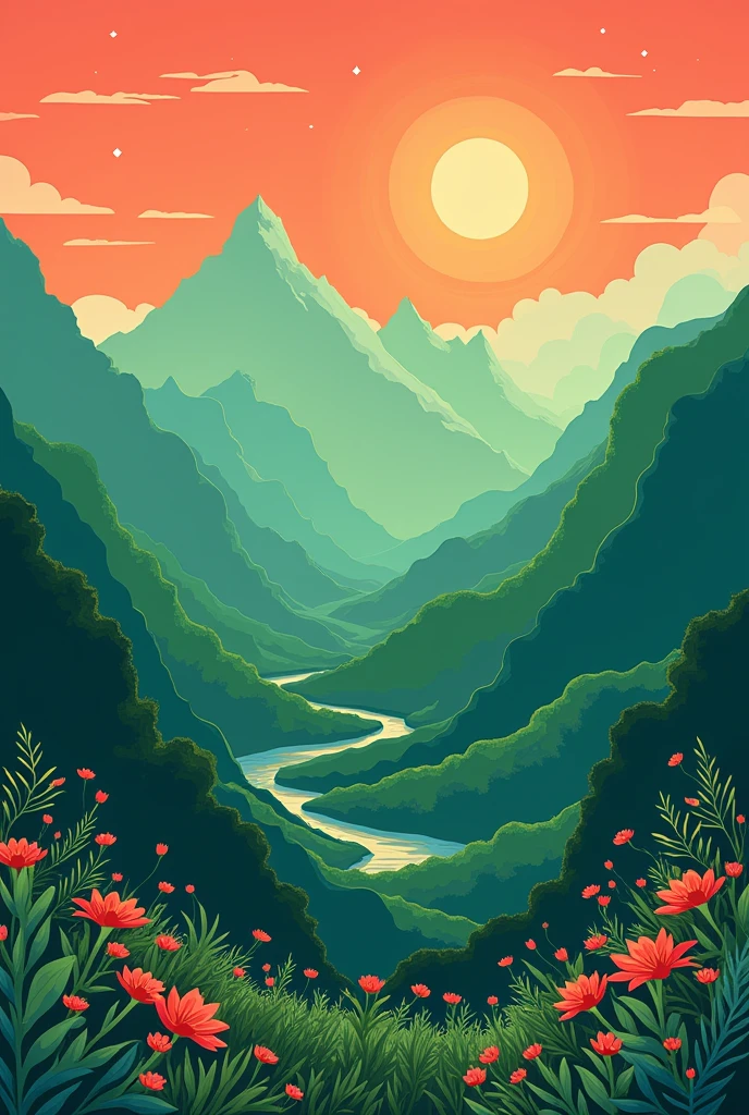 one can see green scenery on top of mountains, in the style of animated illustrations, sinuous lines, vibrant illustrations, 32k uhd, folk-inspired illustrations, red and green, i can't believe how beautiful this is