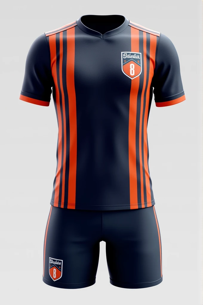 Custom soccer uniform primary color navy blue, with orange vertical stripes, black shorts and shield on the left side of the chest with the word bela vista written on it