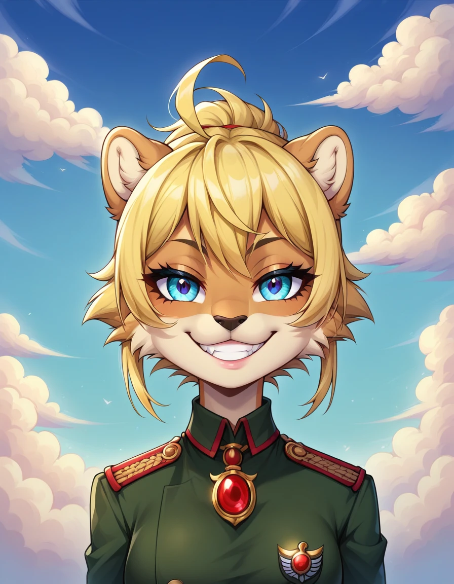 score_9,score_8_up,score_7_up, young, (loli), lion girl, lion tail, yellow hair, Tanya Degurechaff, blue eyes, looking at viewer, smile, 1girl, lion ears, furry female, ((military hat, military uniform,red pendant, belt,pants,evil smile,)), military base, clear sky, looking at viewer, solo, anthro, cheek tuft, facial tuft, uperbody, evil smile,