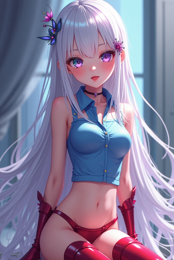 Very beautiful and small anime girl with a good body, a tight short shiny blue polo shirt that shows her belly and long straps that show her breasts a little and beautiful fire red high-heeled boots and shiny white hair and skin and her hair length is down to her back and her eyes are bright and beautiful, one purple and the other green and with accessories on her head and on her high-heeled boots..