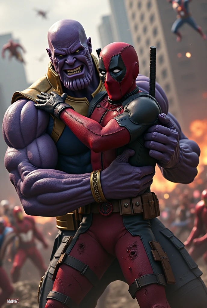 Deadpool is caught in a brutal fight with Thanos, where Thanos is overpowering him, gripping Deadpool with one hand while delivering a powerful punch with the other. Deadpool's expression is a mix of pain and defiance, his suit torn and bloodied, yet he still tries to joke through the pain. In the background, the Avengers like Iron Man, Captain America, and Spider-Man are battling their own villains, but the main focus is on the intense and chaotic clash between Deadpool and Thanos. The scene is filled with dark, gritty colors to highlight the severity and madness of the battle."
