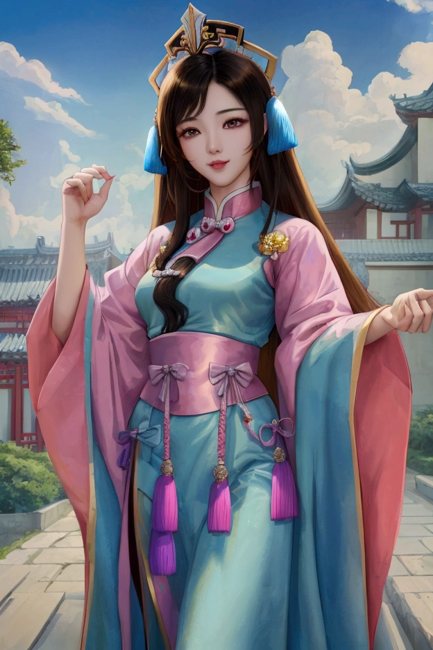 (Highest quality、 8k 、masterpiece、High resolution)、(Chinese Drama、Changgexing、Li Changge、Dililaba)、Tang Dynasty、Changan、1 Female、Beautiful young person、blue eyes、Pretty lips、Hairpin、decoration、(Noble Princess)、(Anime Beauty)、(Anime Art)、Smiling and posing happily、Bright atmosphere、Light colored long hair、Light pink Hanfu、古いChanganの街並み、Tang Dynasty Buildings、Tang Dynasty Buildings、Official Art、Detailed CG、