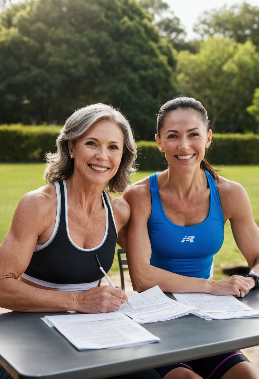 athletic middle aged woman wearing tank top sitting at table outdoors at running race. paperwork in front of her. smiling. posing for photo with 20 year old woman wearing sports bra, arms aroud each other.