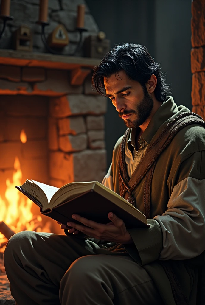 black-haired man from ancient medieval times next to a fireplace reading