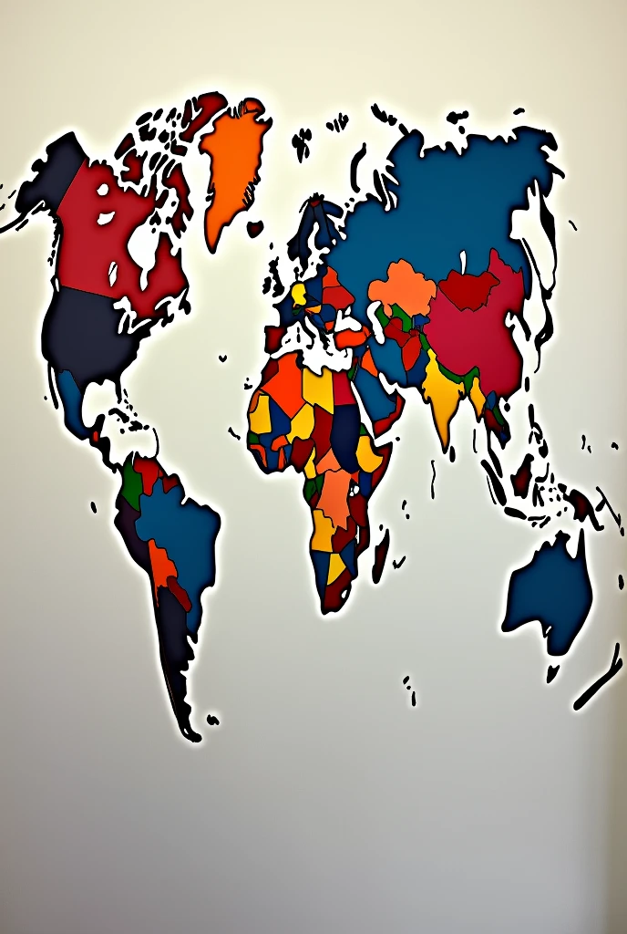 Draw me a world map。Be realistic,Concise wind,Now the color is too dark,Give me brighter colors,And the borders do not need to be marked in black。Background color is better。And each country has a different color to distinguish。