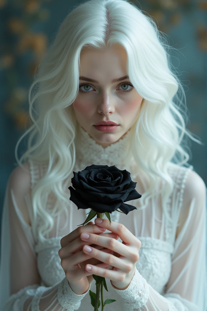 Beautiful woman with white hair holding a black rose