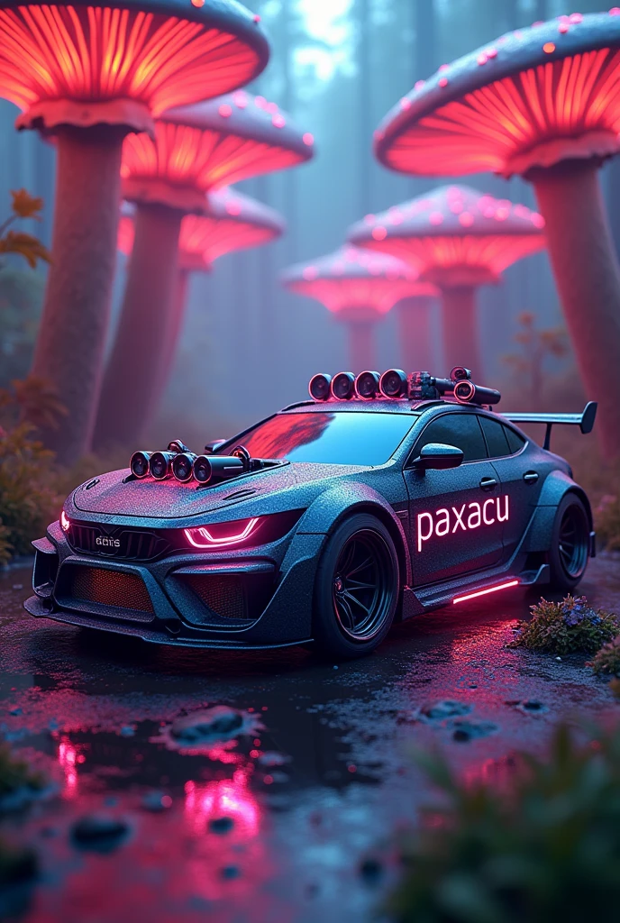Mushrooms and a car with a sound system with large speakers ,bass boxes and letters that say paxacu car audio all illuminated with neon lights 