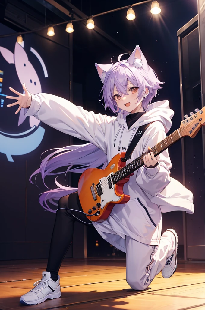 Full body portrait，Cool Boy，Light purple hair，Orange Eyes，Cat ear，，Around 16 years old，White hoodie outfit，Mouth open，smile，Moe sleeves，Singing with a guitar
