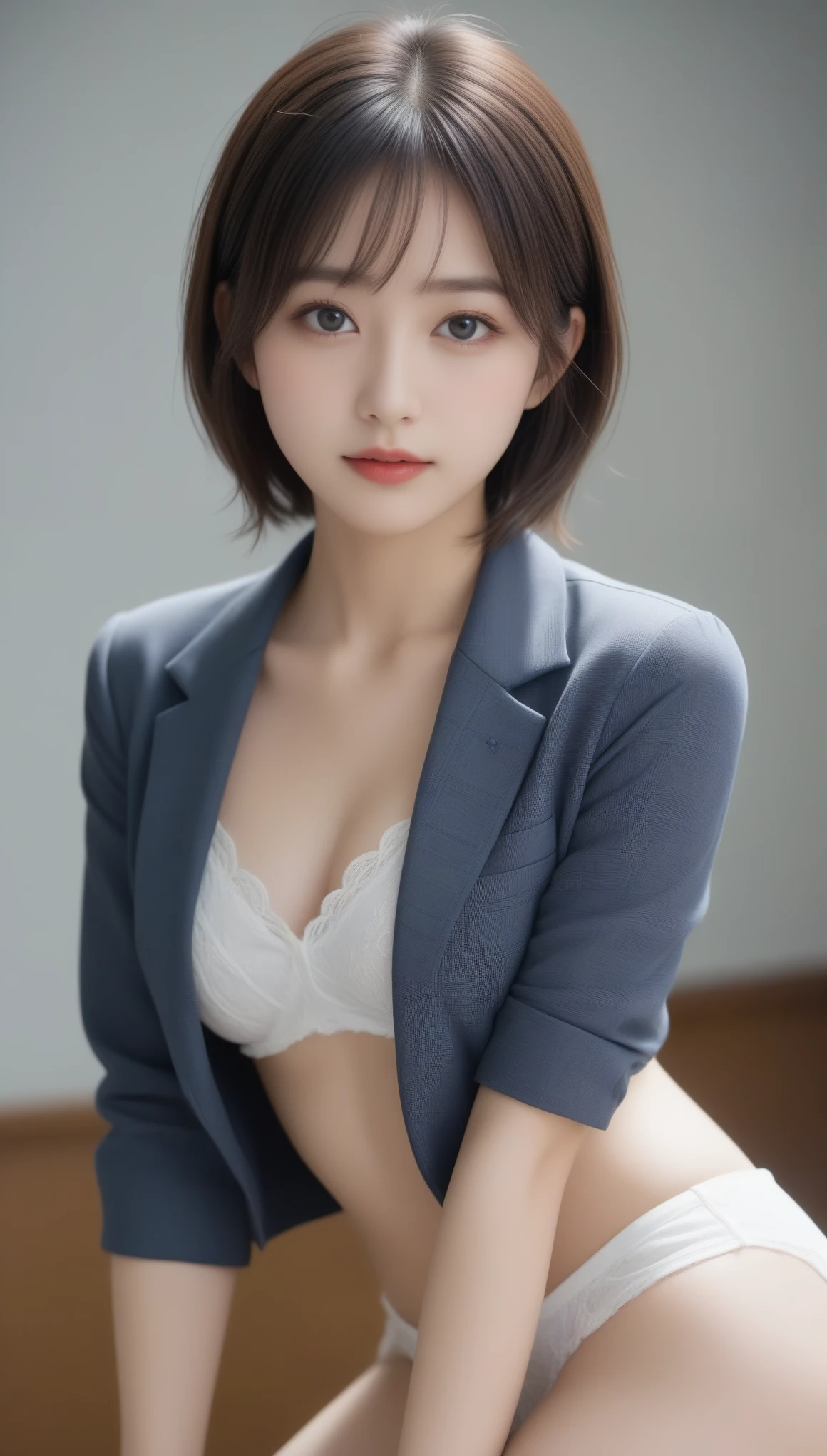 8k, Ultra-high resolution, Highest quality, masterpiece, 三分割法によるphotograph,Surreal, photograph, 1 Girl, (16 years old:1.3), pretty girl, Cute Face, Beautiful eyes in every detail, 細かくdetailedに,masterpiece,One Girl:1.2,Japanese female announcer,cowboy shot,grin,Black short hair,Messy bun hair, ((blue eyes, Beautiful eyelashes, Realistic eyes)), ((detailedな顔, blush:1.2)), ((Smooth texture:0.75, Vibrant质感:0.65, Vibrant:1.1, Anime CG style)), (The wind makes my hair flutter，Exposing shoulders、Expose the chest、black tights) , It snows heavily at night、(((Showing panties:1.3)))、((((M-shaped legs:1.4)))), ((black tights)),((Black Pantyhose)),(White luxury lingerie), (Sit with your legs apart), (Crouching pose), (白いShowing panties構図), (Her legs were spread、I see your white pants.), (I was made to sit on the floor with my legs spread...), ((((M-shaped legs)))), Thin legs, A very beautiful and tall 18 year old girl, (No shoes), blush, Shy big eyes, looking at the camera, (((Blazer Uniform, Checkered Pleated Skirt)))、Sit across from me、((Vulgarity)),,(Tight waist:1.4)、(9 Beautiful girls with perfect body proportions:1.4),Red lips,(choker:1.4),Looking at the audience,(((Ideal body type))),A-cup small breasts :2,、Portraiture:2、Perfect Anatomy、鮮明なdetailed、detailed,Fashion magazine cover,Thin lips,Gray background ,Perfect and beautiful face ,完璧でCute Face, Skin with attention to detail, Perfect limbs、Narrow waist,Looking at the audience,(((Ideal body type))),A cup small breasts :2,Portraiture:2,Perfect Anatomy,鮮明なdetailed,detailed,Surreal,Light and shadow,stage lights