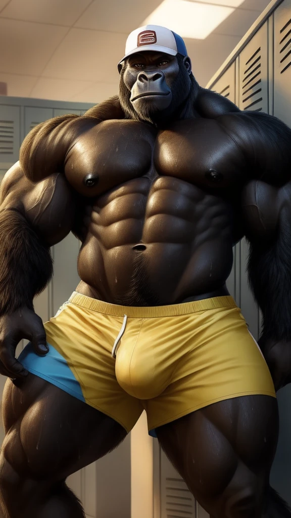 Close-up of a muscular and athletic male gorilla, naked, posing sensually, wearing sports shorts below revealing his large, erect penis, in the lockers, at daytime, wearing a cap, wet with semen, sweaty body, well detailed, ultra detailed, NSFW, black fur, whole body, big body, detailed face, detailed features, detailed muscles, good anatomy.