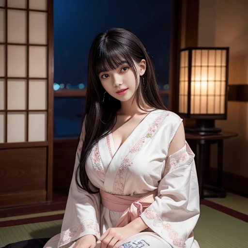 best quality, Delicate face,beautiful visual work, lifelike, eternity, black hair, Long curly hair, blunt bangs, Smile, Detailed Background, Delicate face,blush,cold,((masterpiece))、(top quality)、8k、high detail、Super detailed,41-year-old female,Wearing a yukata, Kneeling on the tatami, masterpiece、born、Scenes resembling fairy tale illustrations、intricate details和複雜的設計、Beautifully、magic、capricious、 Beautifully、Dream aesthetics、「𝓡𝓸𝓶𝓪𝓷𝓽𝓲𝓬、ethereal、charming、fickle、magic」、realism、Visual effects、FXAA、SSAO、Shader、voiceless、ambient lighting、Tone mapping、High resolution、Ultra high quality、Million pixels、(8K resolution:1.10)、8k、8k以下、8K resolution、high detail、intricate details, (high quality:1.2、masterpiece:1.2、:1.21)、(41-year-old female:1.21)、(興奮地Smile)、(Surrounded by a dreamy atmosphere、Model diagram,full-body shot,Normal 2 feet,Put your hands behind you,The protrusion of the breast is visible when wearing clothes, Large Breasts, H cup chest, Don't show your fingers, full-body shot, full-body shot,full-body shot,full-body shot,full-body shot,full-body shot,full-body shot,full-body shot,hands hidden in clothes, hands hidden in clothes,hands hidden in clothes,hands hidden in clothes,hands hidden in clothes,hands hidden in clothes,hands hidden in clothes,hands hidden in clothes,hands hidden in clothes, ,hands hidden in sleeves ,hands hidden in sleeves ,hands hidden in sleeves ,hands hidden in sleeves ,hands hidden in sleeves ,hands hidden in sleeves ,hands hidden in sleeves ,hands hidden in sleeves, arms behind back, arms behind back,indoor, Japanese style decoration, Japanese style architecture, Japanese-style room, 在Japanese-style room內, Pink and white yukata with flower pattern, Pink and white floral pattern yukata, Yukata with cherry blossom pattern on it, White yukata with pink cherry blossom pattern
