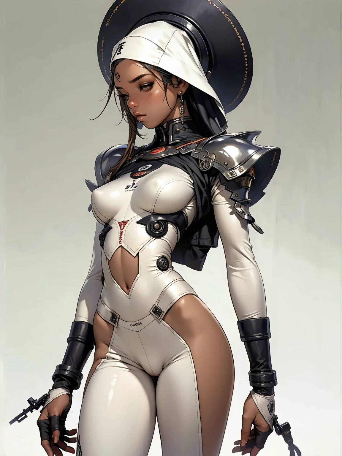 ((Kizi negra))), Kizi africana, (((skin black, darkskin))), (((white hair))), ((( nun suit ))), (((back view))), (((perfect ass))), ((high collar)), (((black with red details))), (((best qualityer: 1.4))), (Unbeatable masterpiece), (hiper HD),(CG 8k hyper-realistic), (((brave face))), (((breasts big))), (((hyper feminine))), sexly afro girl,（black bob hair)), ((( sculptural body ))), (((1 Kizi))), afro girl com perfectbody,,Beautiful and well-groomed face,muscular body:1.2,solid color detailed jacket, (Head to thigh photos)， Complex equipment, green dark，Long pants，Tight clothes are dark，With white stars and off-white stripes,,,,,Armor Metal Electronic Parts, Poison tattoos ) INFO, Kizi, (((standing alone))), pirralha violent, (((14歳))), sexly, pose de atitude, work of art, post-apocalypse, (((manga style))), bounty hunter, violent, Manic, the way you want, slenderbody, thin but strong, perfectbody, roupa moderna, advanced technology, neon, sleeves with vertical striped pattern, neutral background, (( cowboy shot )). intricate visual