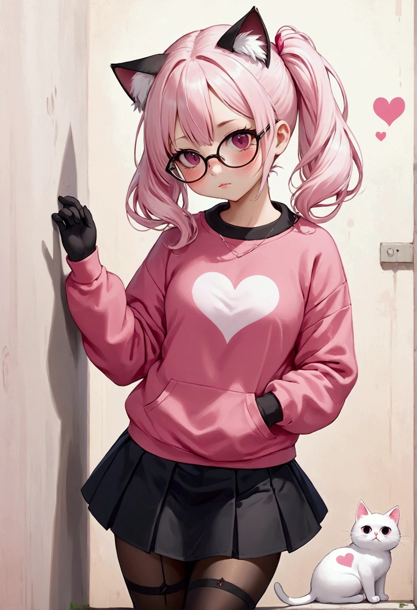 I have white pink hair, cat ears, a bun, my face is super blushing, black glasses, pink heart eyes, a big pink sweatshirt, a black skirt, black stockings, white shoes, a cat's tail, a girl. very shy that she is glued to a wall with her butt