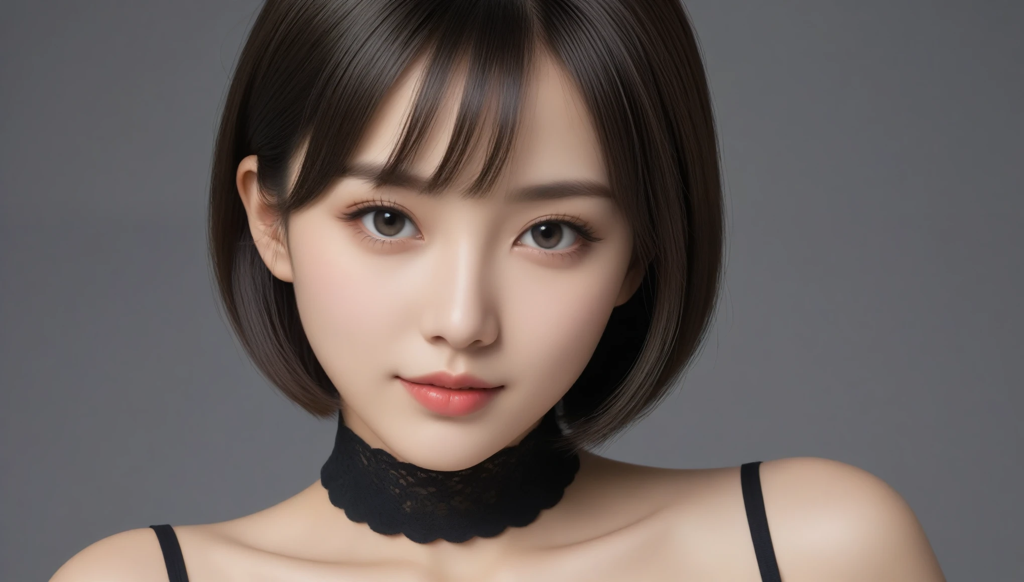 8k, Ultra-high resolution, Highest quality, masterpiece, 三分割法によるphotograph,Surreal, photograph, 1 Girl, (:1.3), pretty girl, Cute Face, 細部までBeautiful Eyes, 細かくdetailedに,masterpiece,One Girl:1.2,Japanese female announcer,extream close up,smile,Black Hair,Bowl cut(Ultra-realistic) , (figure), (Increase the resolution), (8k), (非常にdetailedな), (best figure), (Beautiful attention to detail), (Highest quality), (非常にdetailedな), (masterpiece), (wallpaper), (detailedな顔), alone,1 girl, Looking at the audience, Subtle details, detailedな顔s, In the Dark, Deep Shadow, Modest,Pure Erotic Face Ace_v1, smile,Attractive girl、16 years oldmale body:1.4)、(女の子のポートレートphotograph:1.4Photorealistic images:1.4),Fantasy art,(Beautiful Face:1.4),Beautiful and attractive eyes、Beautiful Eyes、(Tight waist:1.4)、(9 Beautiful girls with perfect body proportions:1.4),Red lips,(choker:1.4),Looking at the audience,(((Ideal body type))),A-cup small breasts :2,、Portraiture:2、Perfect Anatomy、鮮明なdetailed、detailed,Fashion magazine cover,Thin lips,Gray background ,完璧でBeautiful Face ,完璧でCute Face, Skin with attention to detail, Perfect limbs、Narrow waist,Looking at the audience,(((Ideal body type))),A cup small breasts :2,Portraiture:2,Perfect Anatomy,鮮明なdetailed,detailed,Surreal,Light and shadow,spotlight