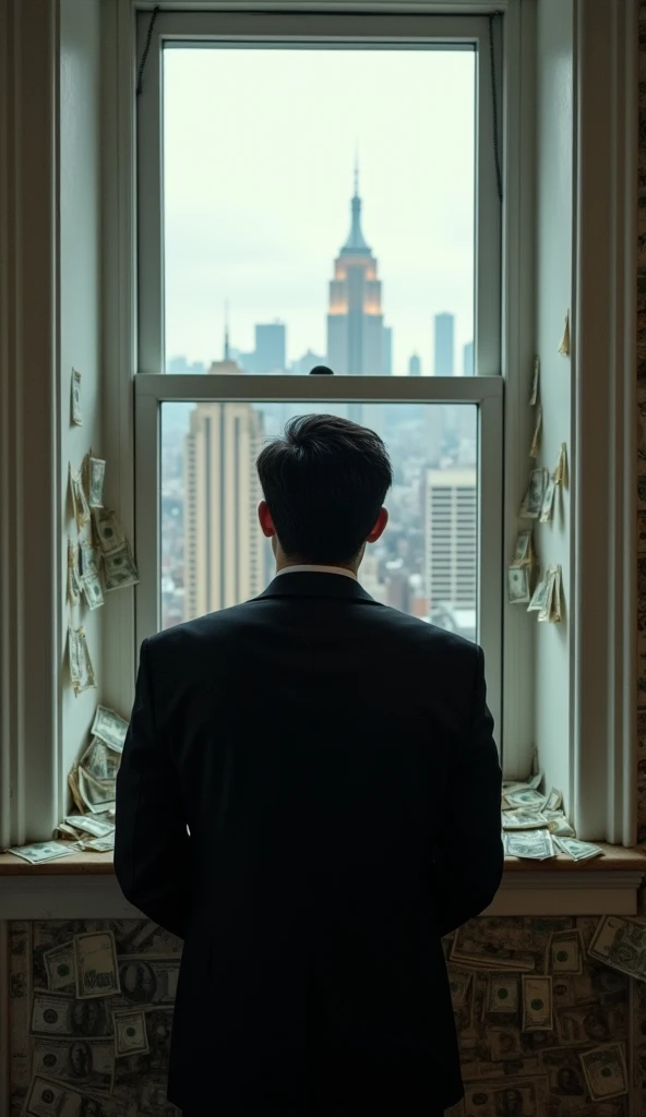 A black-haired man in a black suit looking out a window into a room full of bills towards the city