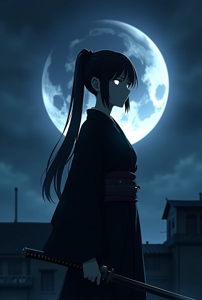 Long Black Hair、Hair tied up、、woman、kimono、The background is a large crescent moon、On the roof of an old building、Too much exposure、Red eyes、Cold look、profile、Anime Style、Wearing a black haori、Belt around the waist、Cut with a sword