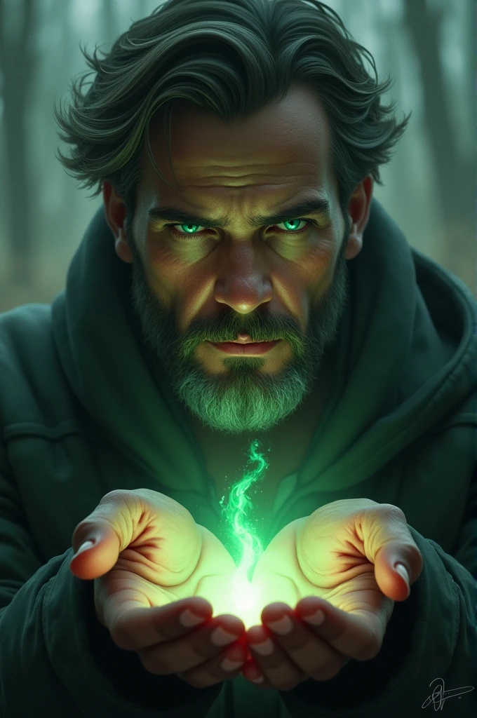 an illustration style where man with green eyes is holding secrets in a hand .