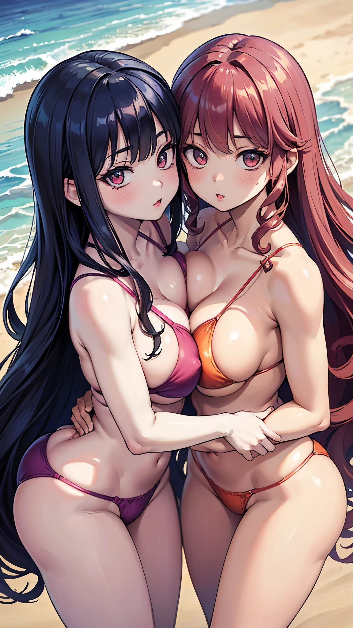 (masterpiece, 最high quality, 超High resolution, Very detailed), (Realistic:1.1, photoRealistic:1.4), Perfect illustration, Perfect lighting,Hair in perfect detail, Perfect and detailed face, Perfect collarbone, Perfect body,Juicy breasts, Perfect Thighs, Beautiful feet, View your viewers, 2 Girls,Perfect Face, (Perfect Anatomy, Anatomically correct), Symmetrical face、((Shiny Hair)),Sexy Body、(masterpiece),(最high quality:1.3),8k,Very clear,(Ultra-realistic),Captivating woman,(high quality, High resolution, Fine details), Realisticなスタイルの女性,Juicy breasts、Perfect Woman、Perfect Face、Symmetrical face、Baby Face、((Large Breasts))、Cleavage、blush、((Juicy lips))、(((Curly long hair)))、((Double large eyes、Long eyelashes))、((Red makeup))、(((Very large and powerful breasts)))、(((Two women in bikinis)))、((Curvaceous))、(((Two women hugging each other on the beach)))