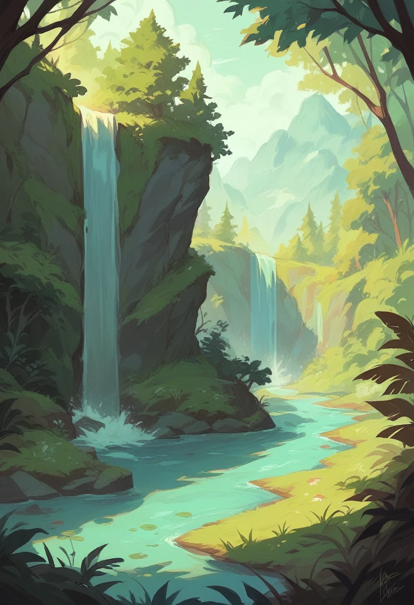 giant forest overview with a river in the middle flowing with a waterfall in a sunny cloudy day