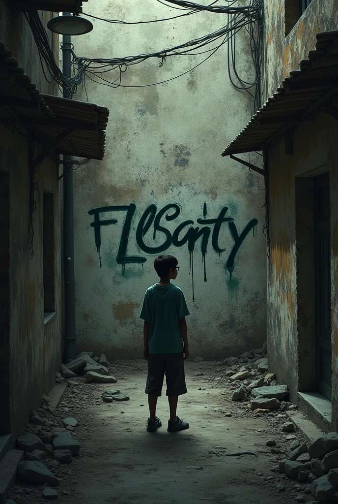 Graffiti written on wall " FLSanty " dark depressive in the favela juliete glasses