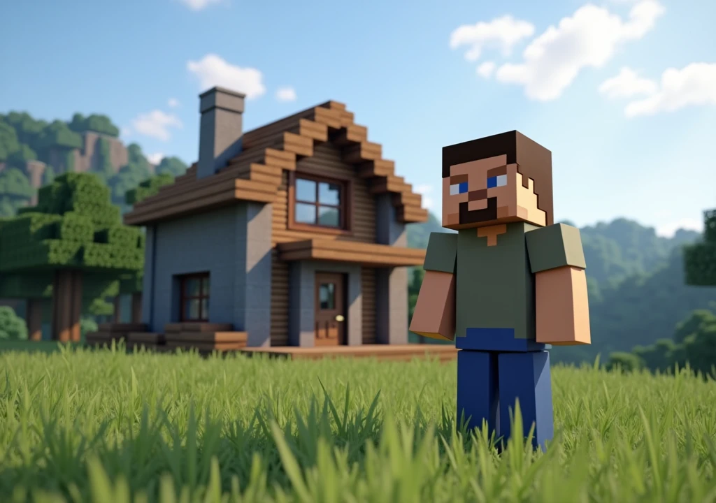 Steve from Minecraft worked hard to build his first house high realistic graphics 