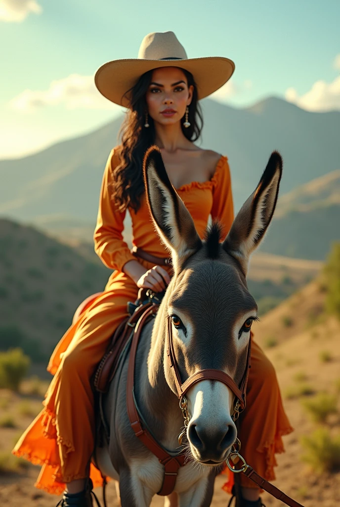 (photorealism:1.2), Livia Brito, with cantinflas behind her, both riding a donkey