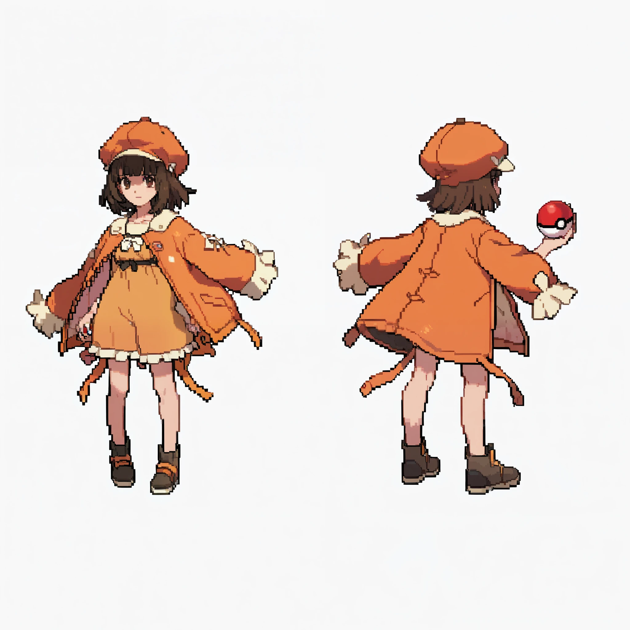 pokemon ,white background, pixel art, sengoku nadeko,,brown hair,brown eyes,short hair,blunt bangs, orange hat, cabbie hat, jacket, jacket on shoulders, holding pokeball,