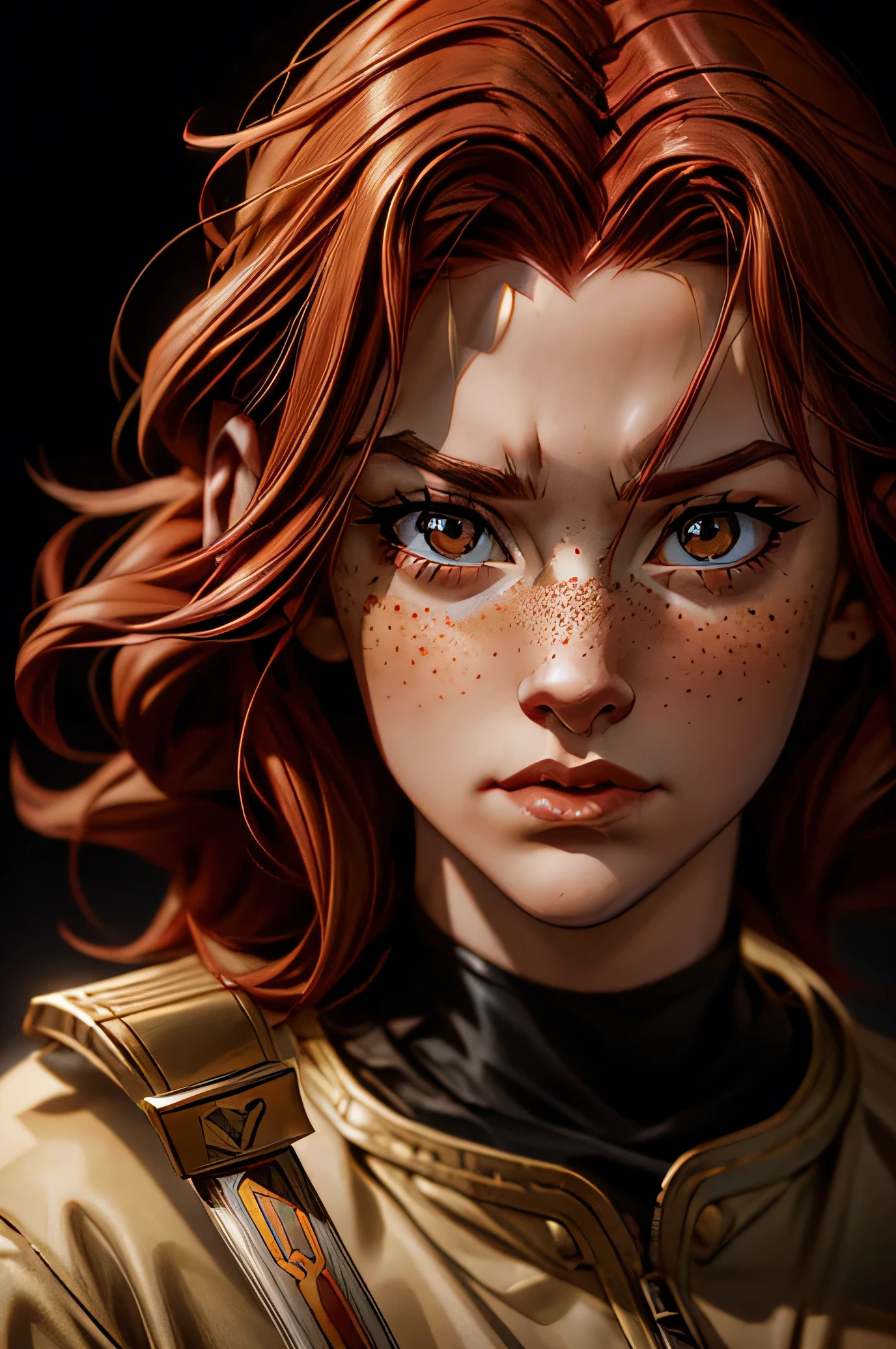 (red hair girl freckles). (18th century men&#39;s clothing)
Using a golden Saber sword. fearless and brave look.( more detail), best quality image, 8 k quality, conceptual artwork, stylish clothes, HD. 