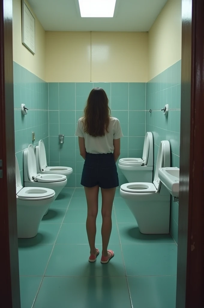 A female student urinates in front of the toilet