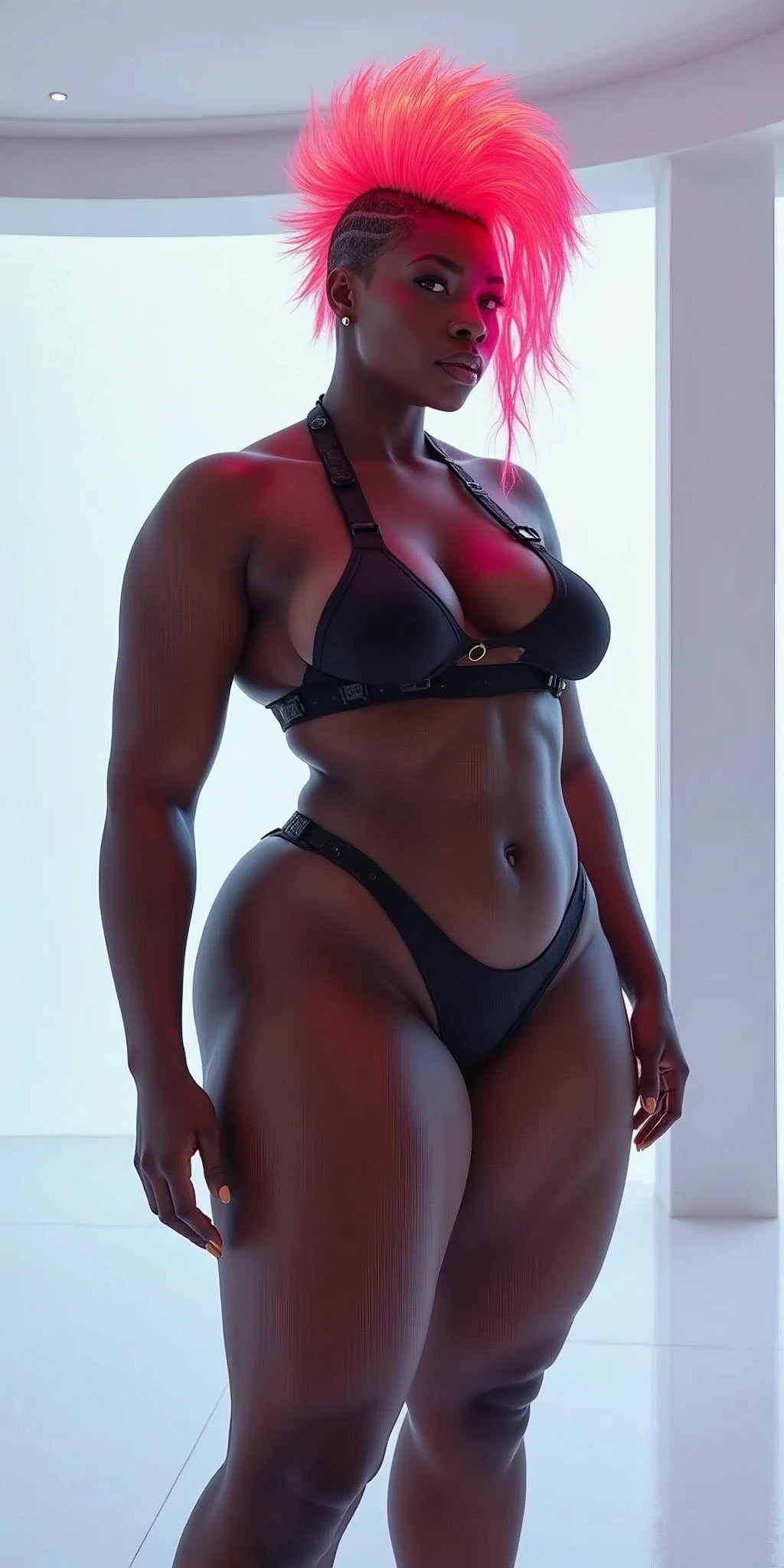 dark skin Amazon Woman, Hair: She has a very long neon wavy fade mohawk. gigantic booty, small waist abs, big ass thighs, tiny  waistline, photo realistic skin, Synthwave, UHD, Womancore, white room, photography, no nudity   