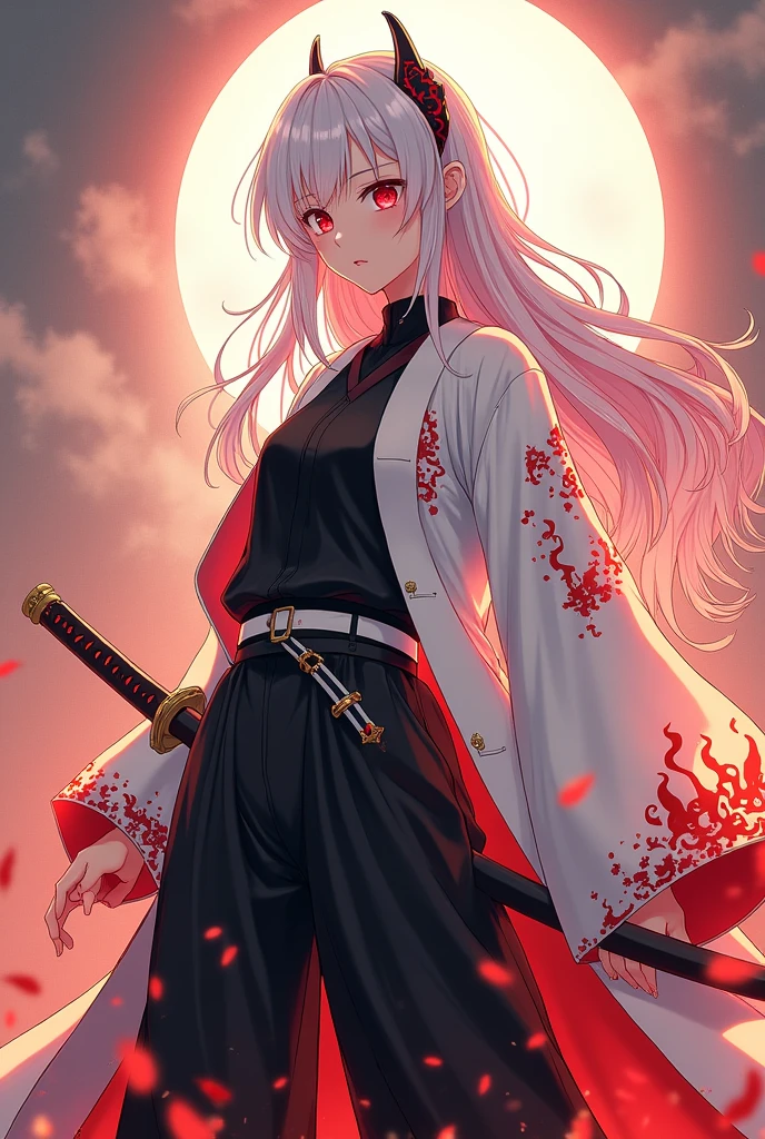 white long hair, red eyes, anime girl, black hakama pants, black shirt uniform, white modern belt, white long sleeve haori with fire patterns, katana on the hips, medium size chest, demon slayer art style.