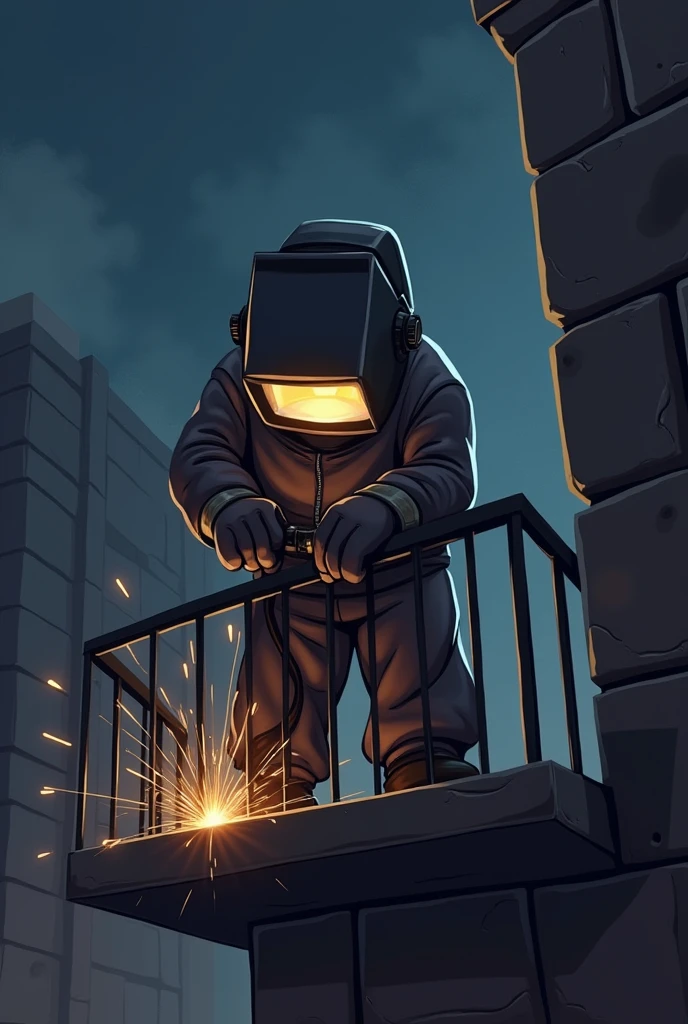 a person welding only the upper part for advertising cartoon type on balcony and black is fine but the mask changes to simple
